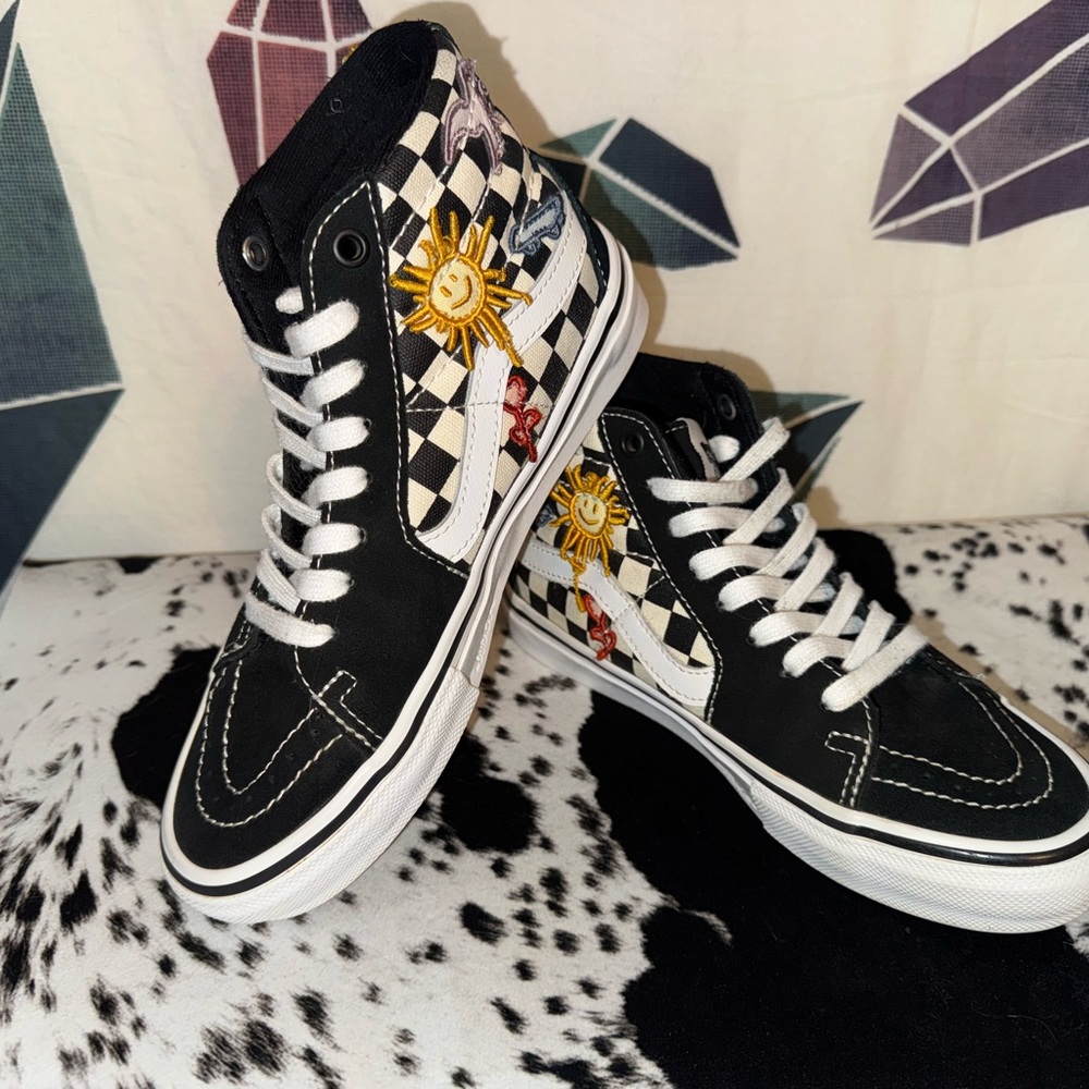 Vans Skateistan Black and White Checkered High-Top Sneakers w/ Colorful Patches